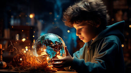 Little boy in dark room with glowing globe. Fairy tale concept