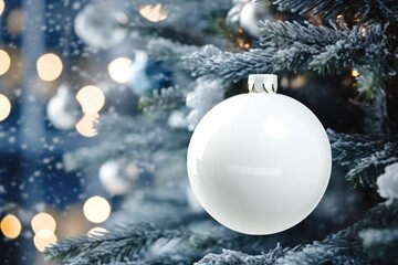 White Christmas tree festive decoration on bokeh light background, copy space