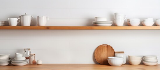Fototapeta na wymiar Wooden shelf with clean dishes