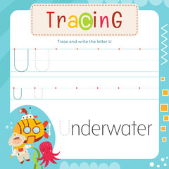 Letter Tracing Flash Card. Writing Letter U uppercase and lowercase, trace U in word Underwater.  Worksheet to teach kids handwriting practice. Vector lined page for textbook