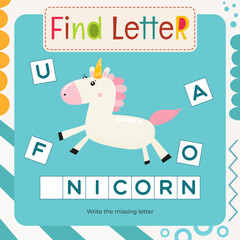 Word activities for Letter Tracing Book. Kids game Find letter – Write missing letter for U – Unicorn. Flash card for toddler and teacher. Vector printable page for Activity book
