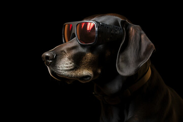 Concept dog in glasses, in style cyberpunk.