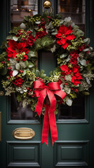 Fototapeta na wymiar Green Christmas Wreath with red and golden balls on a black wooden front door