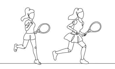Fototapeta na wymiar Young woman. Tennis. A game. One line