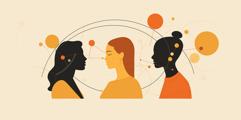 Multicultural community of diverse minds collaborating as a unit. Psychology and female entrepreneurship. Interpersonal relationships and women gathering, connecting, and uniting thoughts.