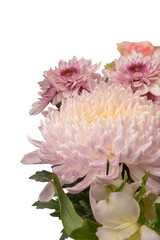 Bouquet of flowers with pink roses, brassica flower, chrysanthemum and freesia flower in a vase.