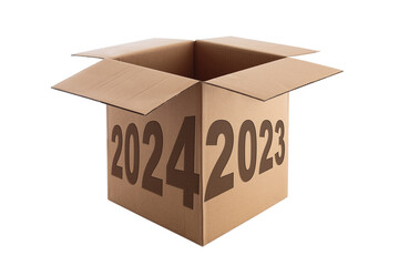 New year 2024 2023 text over open cardboard box isolated on white background with clipping path