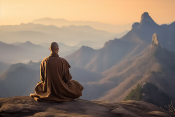 Buddhist monk in meditation on a beautiful sunset background on a high mountain - obrazy, fototapety, plakaty