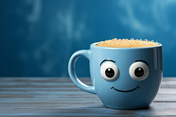 Blue cup a sad face with scarfcoffee on blue background. Blue monday concept. The most depressing day of the year The day commit suicide and depression motivation, third monday January