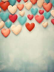 Abstract retro red hearts  on blue background with copy space