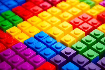 Close up of multi colored lego pattern of bricks.