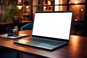 Fototapeta premium Mockup of a laptop screen on a table in a cafe. Freelancer's remote work