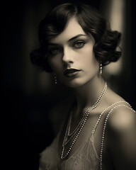 girl portrait, smoky eye makeup, finger waves hairstyle, pearl necklace, moody lighting