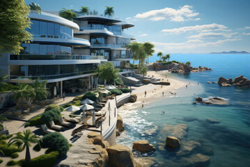 Modern spa hotel by the sea or ocean for summer holidays and vacations