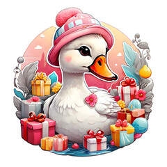 Sticker isolated cute cartoon duck wearing a pink hat  with gift boxes. Transparent background. Generative AI