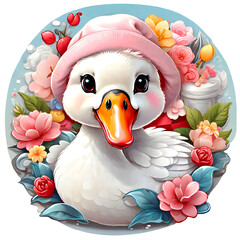 Sticker isolated cute cartoon duck wearing a pink hat on flowers background. Transparent background. Generative AI