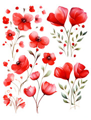 Illustration set of red valentines day hearts and flowers on white background 