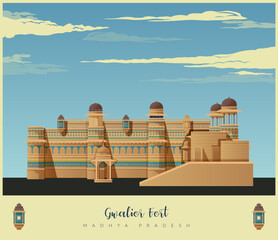 Gwalior Fort - A hill fort - Stock Illustration - obrazy, fototapety, plakaty