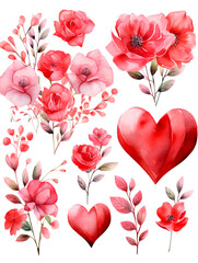 Illustration set of red valentines day hearts and flowers on white background 