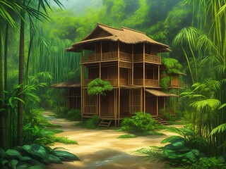 Wooden house made of bamboo, in the jungle