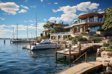 Fototapeta na wymiar Yacht moored near a villa on the seashore