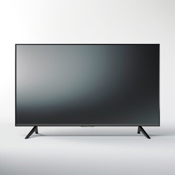Fotografia de estilo mockup de televisor con pantalla de color negro y reflejos de luz, sobre fondo de tonos neutros