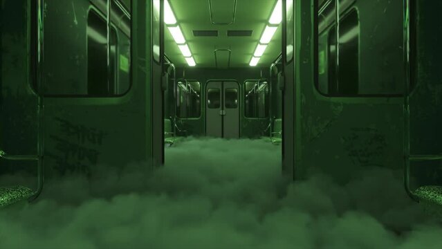 Mysterious subway car engulfed in fog, eerie green glow. 3D animation.