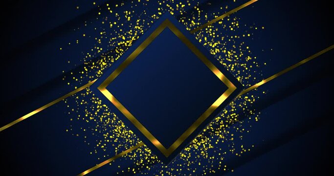 Abstract navy blue background with luxury golden elements. Golden square ring over square shape over golden dust particle seamless loop motion gradient background.