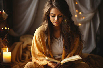 Young European woman is reading a book in the cozy bosom of autumn by the light of candles and lights - obrazy, fototapety, plakaty