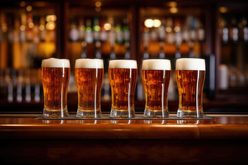Beer glasses lined up on a bar counter. AI generative.