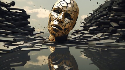 A conceptual illustration that demonstrate person's mental state,  head of a person surrounded by water and broken pieces of some kind of a material, person face is gold and also fragmented  