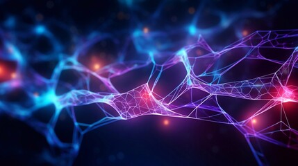 Neural patterns network artificial intelligence on neon glow light background. Digital interface aesthetics different design, machine network neurons elements, fractals texture, waves, blockchain data - obrazy, fototapety, plakaty