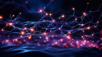 Fototapeta na wymiar Neural patterns network artificial intelligence on neon glow light background. Digital interface aesthetics different design, machine network neurons elements, fractals texture, waves, blockchain data