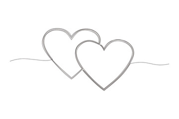 Two linked heart, continuous one line drawing. Double heart hand drawn, black and white vector minimalist illustration of love concept made of one line. on transparent background. - obrazy, fototapety, plakaty