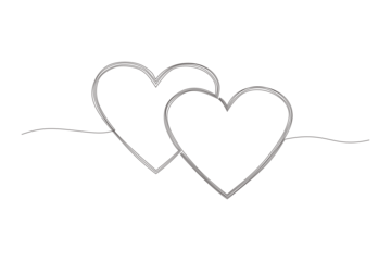 Two linked heart, continuous one line drawing. Double heart hand drawn, black and white vector minimalist illustration of love concept made of one line. on transparent background.