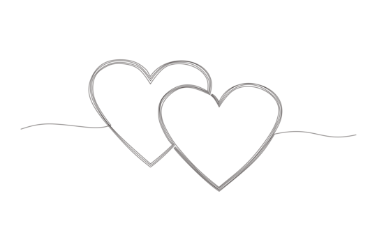 Two linked heart, continuous one line drawing. Double heart hand drawn, black and white vector minimalist illustration of love concept made of one line. on transparent background.