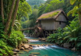Wooden house made of bamboo, in the jungle, by the river, water mill