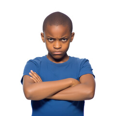 Angry African American boy with arms crossed on white background - obrazy, fototapety, plakaty