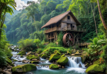 Fototapeta na wymiar Wooden house made of bamboo, in the jungle, by the river, water mill