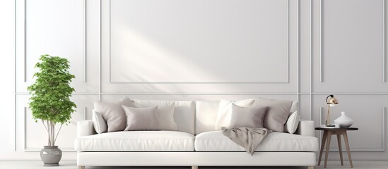 Scandinavian living room with white sofa depicted in