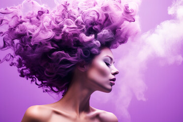 Portrait of a woman with a hairstyle surrounded by purple smoke on a colored background.