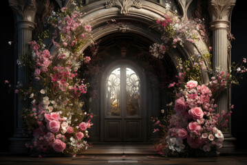 Wedding arch or doors decorated with pink flowers for marriage registration