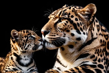 Fototapeta premium AI generated illustration of an adorable mother jaguar and her baby cub sharing a tender moment