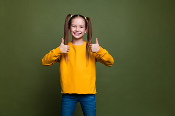 Photo of optimistic smart schoolgirl with ponytails wear yellow pullover two hands show thumbs up...