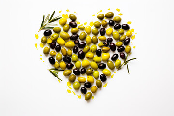 Concept of  different olives and leaves forming a heart shape.