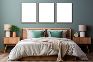 Mockup poster or painting in frame on the wall above the bed in Scandinavian style