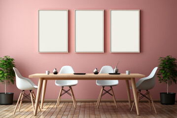 Scandinavian minimalistic dining room interior in gray and pink colors and mockup of posters or paintings in a frame on the wall