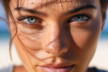 Portrait of a woman with blue eyes and soft sunlight on her face, standing on the beach.