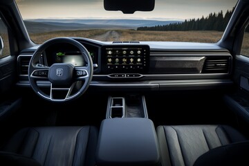 A close-up view of a truck's interior, emphasizing the intricate details of the instrument panel, navigation system, and ergonomic design for a seamless driving experience.