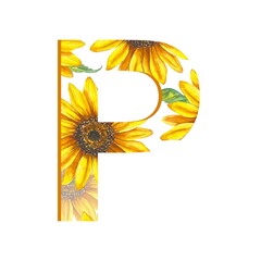 Floral alphabet set - letter P. Alphabet letters cut from a pattern with sunflowers. Wedding, birthday, children's party, any creative ideas.